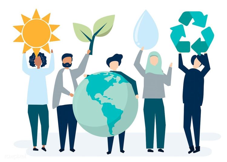 People Holding Symbols: Sun, Plants, Water, ant Recycling. Earth in center forground.
